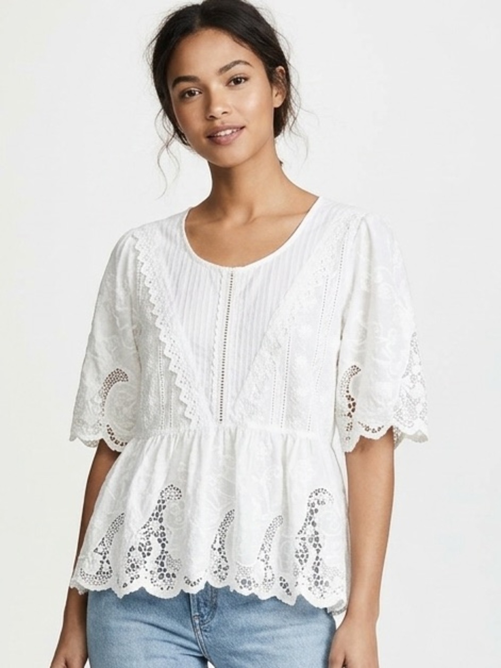 POL White Eyelet Lace Peplum Women's Top size Small